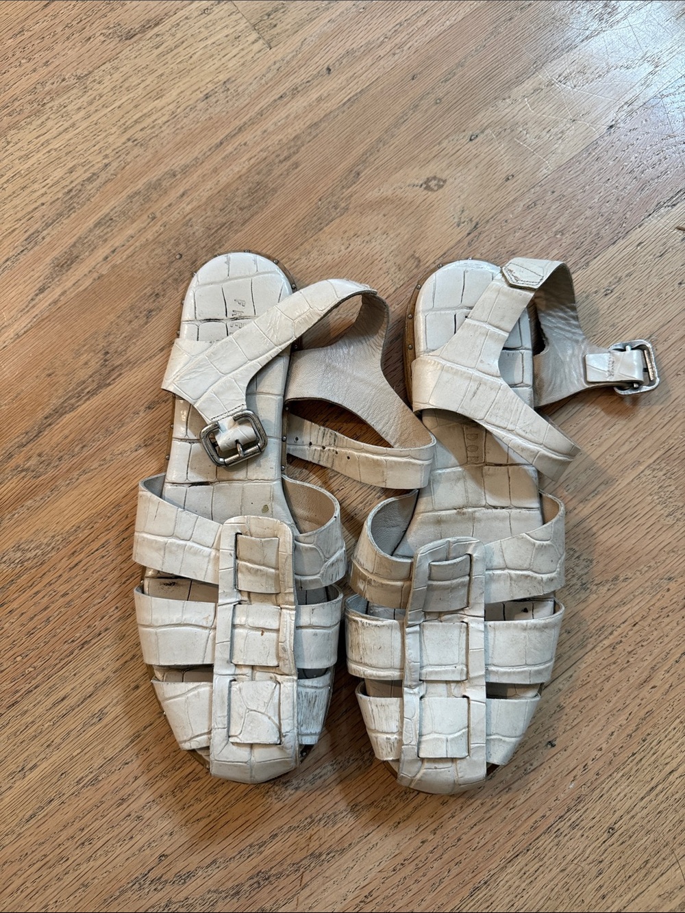 White Croc-Embossed Leather Fisherman Sandals